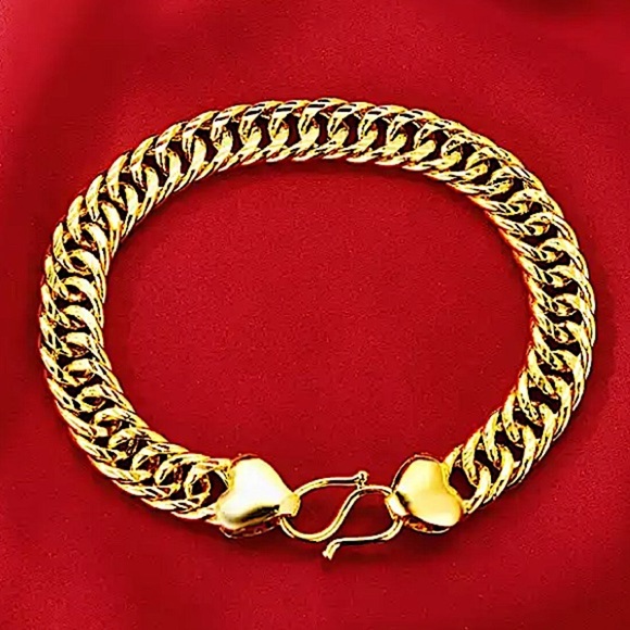 GOLD CHAIN BRACELET THICK CUBAN UNISEX 24K PLATED - Picture 2 of 6